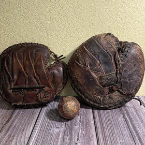 2 Vintage Baseball Catchers Mitts w/vintage baseball. Gus Mancuso Glove 1928-45